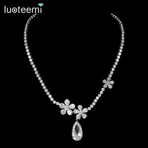 LUOTEEMI Luxury White Gold-Color Waterdrop Cubic Zirconia 3 Flowers Round Chain Necklace Bridal Wedding Jewelry Accessories