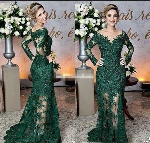 2019 Nyaste mörkgröna mor till bruden Klänningar Sheer V Neck Lace Appliques Sequin Long Sleeve Mermaid Formal Evening Prom Klänningar Zipper