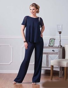 Pantaloni personalizzati in chiffon blu navy adatti per abiti con scollatura gioiello per la madre della sposa, serate per feste per abiti da ospite per madri di nozze