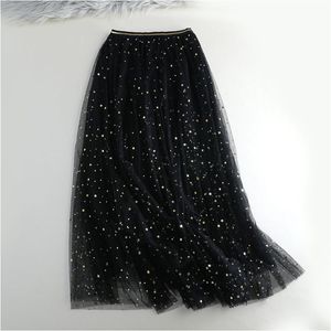 Summer Glitter Tulle Women Pleated Shiny Tutu Star Moon A-line Mesh Sequined Long Skirt Female Voile J190426