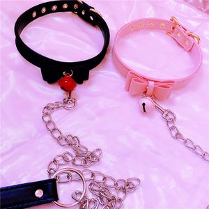Sexy Rivet Alternative Metal PU Leather Collar Lead Chain Bell Choker Slave Costume ,BDSM Bondage Necklace Neckband Sex Toys T200519