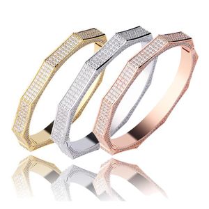 Real Gold Blingbling Cubic Zirconia Mens Open Cuff Bangle Armband Iced Out Diamond Hip Hop Rapper Smycken Födelsedag Presenter till Boy Guys Män