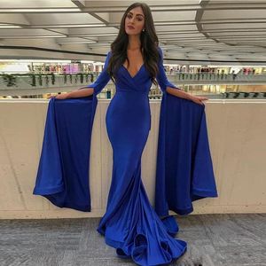 Wholesale sexy photo nude for sale - Group buy Cheap Royal Blue Mermaid Evening Dresses V Neck Long Sleeve Pleat Prom Gowns Custom Made Satin Special Occasion Dresses Long