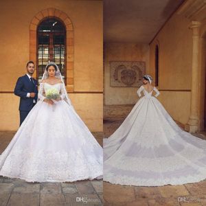 Luxus-Spitze-Ballkleid-Hochzeitskleider mit langen Ärmeln, schulterfrei, rückenfrei, Brautkleider 2020, arabisches Hochzeitskleid für die Kirche, Vestido de Novia