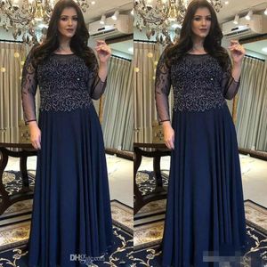 Blue Plus Navy Size Mother of Bride Dresses Long Sleeves Scoop Neck Chiffon Floor Length Beaded Lace Applique Wedding Guest Party Gowns