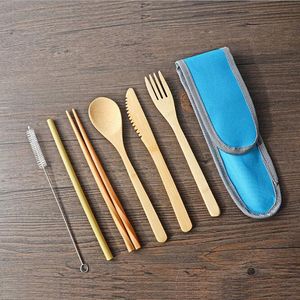 Bamboo bestick set återanvändbar picknick utomhus bestick set resor redskap halmsked kniv gaffel sked borste zc0564