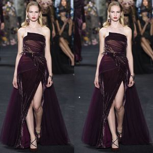 Elie Saab Celebrityイブニングドレスセクシーなベルベットストラップレスハイスプリットペププラムベルトウエディングドレス背中のバックレスフォーマル長いパーティーガウン