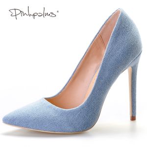Pink Palms Spring Autumn Summer Denim Shoes with Fur Pompon High Heels Pointed Toe Pumps For Women Dress Party Wedding Pumps