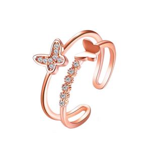 Adjustable Open Rings Crystal Butterfly Ring Double Layer Rose Gold Finger Rings for Women Wedding Jewelry