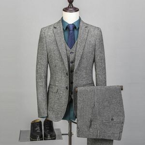 Erkek Vintage Düğün Takımları 3 Parça Tüvit Fleck Iki Düğme Gri Damat Custom Made Yeni Ceket Blazer Giymek