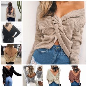European fashion solid color sexy halter V neck long sleeves knitted sweater white gray black valley yellow blue support mixed batch