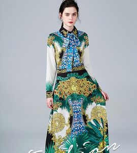 Green Scarf printed high-waisted long skirt with slim fit long-sleeved dress summer bow collar A-line Ankle-Length