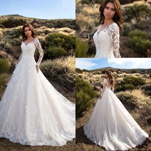 Modest Arabski Dubai Koronki Suknie Ślubne 2020 Aplikacje V-Neck Długie Rękawy Bride Wedding Suknie Vestido De Novia BA6671