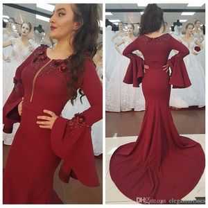 Dubai arabiska stil Nya långa ärmar sjöjungfrun prom klänningar spets applique 3d blommor formell kväll klänning kvinnor party wear robes de soirée