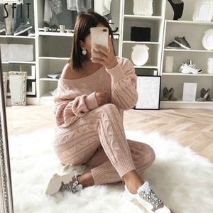 Sfit New Autumn Cotton Tracksuit Women 2 Piece Set Sweater Top + Pants Stickad kostym O-Hals Sticka Kvinnor Outwear 2 Piece