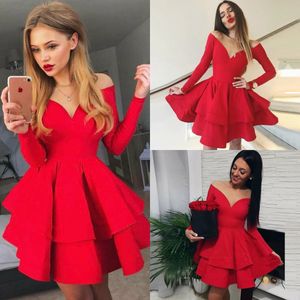 2020 Red Homecoming Dresses A Line Satin Off Shoulder Long Sleeve Short Prom Dress Party Wear Cocktail Gowns Custom Made