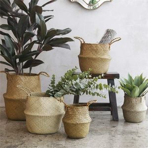 Woven Seagrass Basket Woven Seagrass Tote Belly Basket for Storage Laundry Picnic Plant Pot Cover & Beach Bag243M