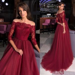 Sexy Elegant Dark Red Burgundy Evening Dresses Off Shoulder 3/4 Sleeve Beaded Lace Applique A Line Formal Dress Party Gowns Vestidos