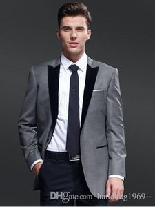 Yüksek Kaliteli Bir Düğme Açık Gri Damat smokin Groomsmen Tepe Yaka Sağdıç Blazer Erkek Düğün Suit (Ceket + Pantolon + Kravat) H: 854