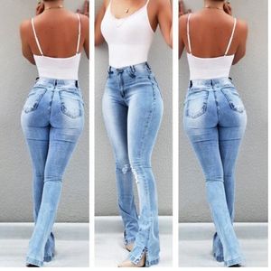 Acquista Jeans Da Donna Jeans Casual Slim Elasticizzati In Vita Denim Pantaloni Lunghi A Zampa D'elefante Pantaloni Azzurri Da Donna