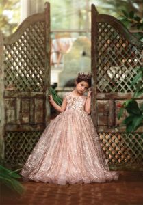 Rose Gold Sequined Flower Girl Abiti per matrimoni pizzi paillettes arco aperto indietro maniche corte girls pageant vestito per bambini abiti da comunione