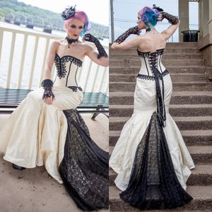 Unikalne Suknie Mermaid Gothic Wedding Suknie Bez Ramiączek Koronki Neck Appliqued Suknie Ślubne Plus Size Gorset Tafta Sweep Rates De Mariée