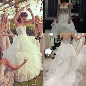 Organza 2019 Ruffles Wedding Dresses Spaghetti Neck Lace Appliques Beaded Arabic Bridal Gowns 2019 New Fashion Garden Church Wedding Dress