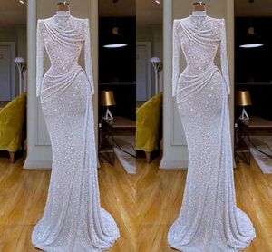 New Arrival Bling Bling Elegant Mermaid Evening Dresses High Jewel Neck Sequins Long Sleeve Sweep Train Formal Dress Evening Party253o