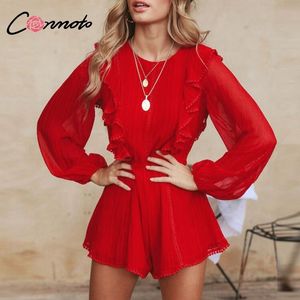 Conmoto Solid Hollow Out Long Sleeve Women Playsuit Red Party Elegant Casual Romper Backless Ruffle Short Jumpsuit Rompers Y190502