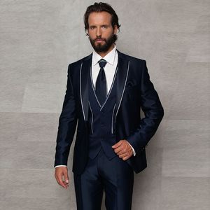 2019 Navy Blue Designer Mens Suits Oneボタンの花groommen結婚式のタキシードノッチラペルグルームスーツジャケットベストとパンツプロムブレザー326 326