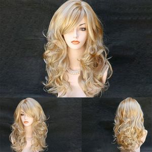 Gratis fraktnyhet heta mode kvinnor lång vågig gyllene jordgubbe blond mix peruk hud topp vågigt hår