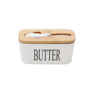 Large Porcelain Butter Keeper Food Storage Organization Set with Bamboo Lid and Steel Knife Kitchen Airtight Ceramic Container 650ml White