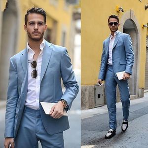 Moda Sky Niebieskie Mężczyźni Ślub Tuxedos Notch Lapel Groom Tuxedos Doskonałe Mężczyźni Blazer 2-częściowy garnitur Prom / Dinner Jacket (kurtka + spodnie + krawat) 1604