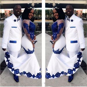 Белый сатин Royal Blue кружева ASO EBI африканские платья выпускного вечера длинные иллюзии рукава аппликации формальные вечерние платья Pageant платья знаменитостей