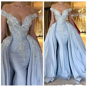 Romantic Mermaid Formal Evening Dresses Arabic Dubai Off Shoulder Lace Crystal Beaded With Overskirt Party Special Ocn Gowns