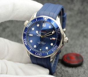 ingrosso Marcatore Automatica-42MM orologio da uomo da esterno automatico orologio quadrante blu con cinturino in gomma blu con castone girevole e fondello trasparente indietro marcatori punto ora