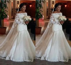 New Cheap Arabic Mermaid Wedding Dresses Bateau Off Shoulder Lace Appliques Beaded Plus Size Sweep Train Black Girl Formal Bridal Gowns