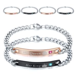 Nuovi ragazzi Titanio Acciaio inossidabile CZ Lovers Catena ID Bracciale Il suo re La sua regina Braccialetti abbinati Regali di San Valentino all'ingrosso