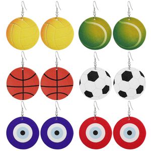 Wholesale teardrop lighting for sale - Group buy Fashion Sports Ball Print Teardrop Dangle Leather Earrings Basketball Vollyball Evil Blue Eye Light Weight Round Sports Dangle Ear for Lady