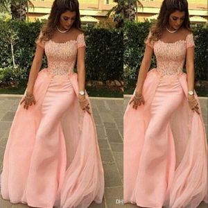 Pink Evening Dresses Wear Sexy Arabic Scoop Neck Lace Appliques Mermaid Short Sleeves Overskirts Formal Party Dress Prom Gowns