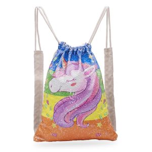 Designer-Pailletten Meerjungfrau Rucksack Einhorn Reversible Kordelzug Tasche Outdoor Sports Magic Umhängetasche Home Aufbewahrungstaschen 36 Stück CNY1232