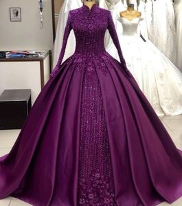 Purple Muslim Evening Dresses High Neck Lace Appliqued Beads Long Sleeve Ball Gown Prom Dress With Free Petticoat Custom Formal Party Wear