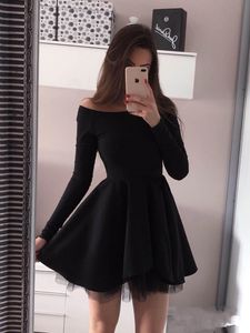 2020 New A Line Black Satin Long Sleeve Party Cocktail Dresses Short graduation Homecoming Dresses robe de cocktail