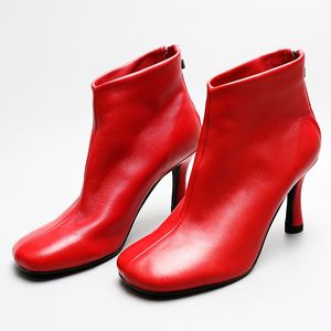 Venda Quente-Mais Novo Preto Vermelho Branco Couro Botas Curtas Salto alto Saltos Estilo Boots Mulheres Redonda Toe Back Zipper Ankle Botas