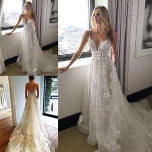 Rüya A Hattı Gelinlik Aplike Tül Spagetti Gelinlik Backless Sweep Tren Bribal Abiye vestidos de Novia