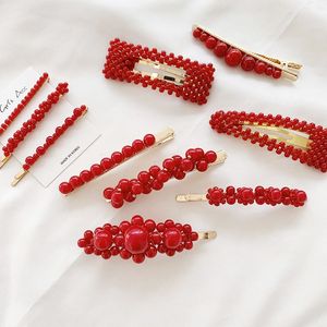 Fashion Red Pearl Hair Clip for Women Elegant Korean Design Snap Barrette Stick Hairpin Hair Styling Accessories
