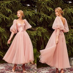 2020 A Line Prom Dresses Sweetheart Long Sleeve Hollow Back Lace Up Tulle Party Gowns Ankle Length Evening Dress