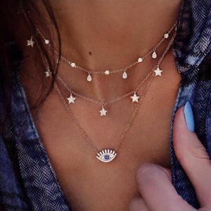 Vintage Gold Color Crystal Water Drop Star Eye Pendant Necklace for Women Boho Charm Layered Necklaces Collars 6384