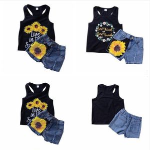 Bebek Kız Giysileri Çocuk Ayçiçeği Giyim Setleri Mektup Baskılı Tops Yırtık Denim Şort Takım Elbise Yaz Rahat Yelek Gömlek Pantolon Kıyafetler C5864