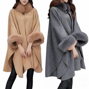 Modesto outono inverno gola de pele sintética capa xale mangas compridas mulheres poncho capa casaco cinza bege jaquetas de lã quente em stock325r